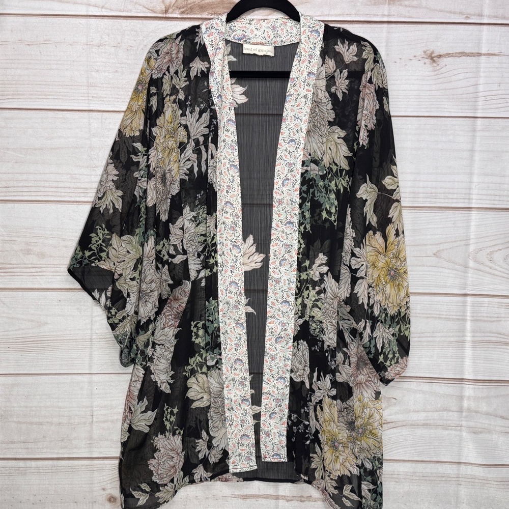 Band of Gypsies Black Floral Kimono Cardigan Sheer Chiffon Paisley Trim M/L